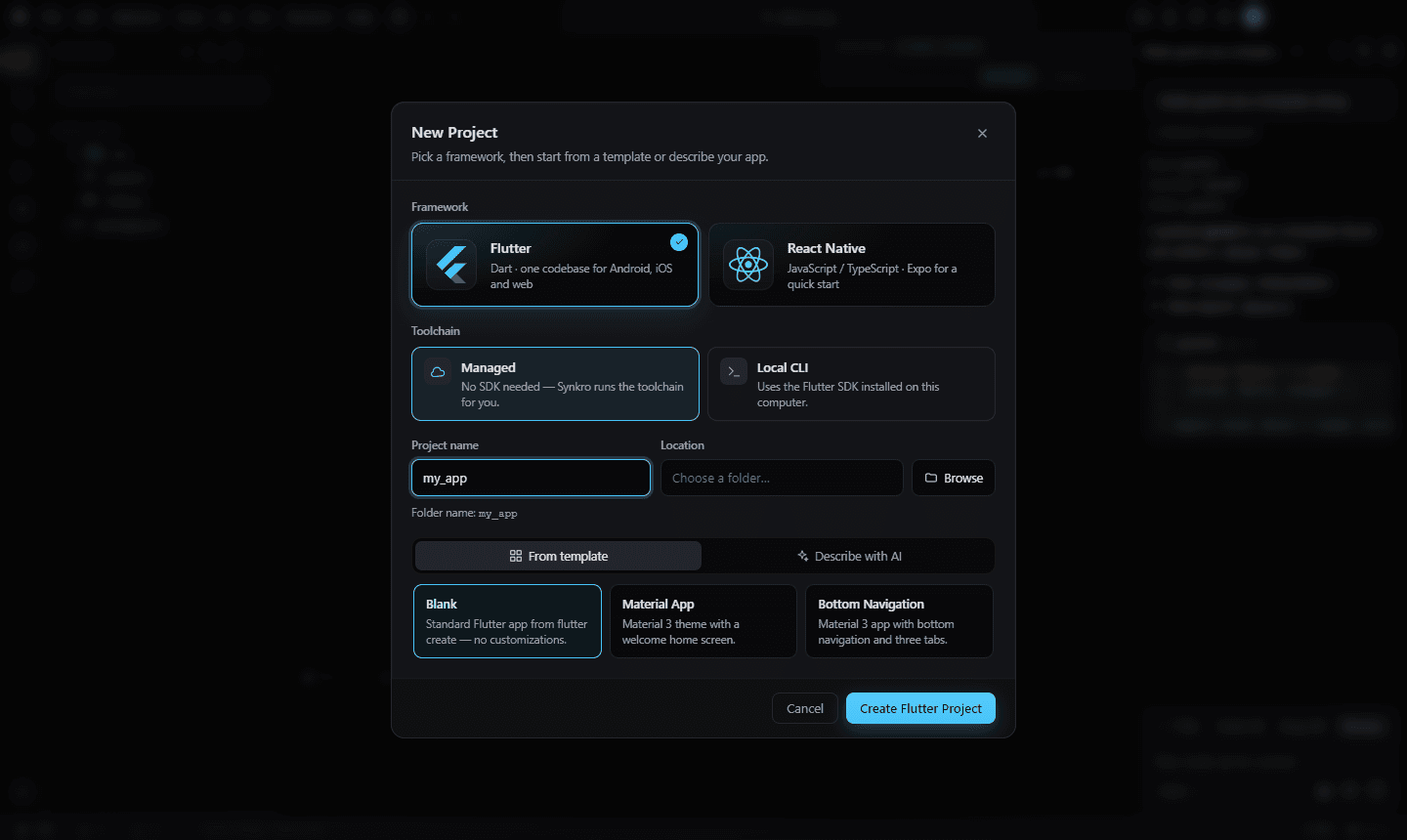 The New Project dialog in Atomvs with Flutter selected, toolchain options and templates